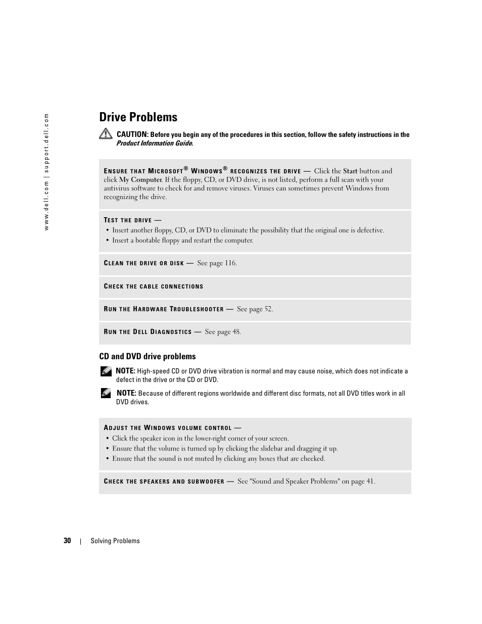 Drive problems, Cd and dvd drive problems | Dell Dimension 9100 User Manual | Page 30 / 140