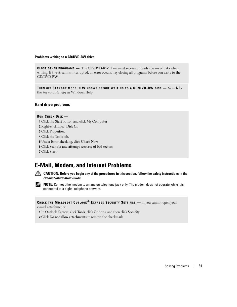 Hard drive problems, E-mail, modem, and internet problems | Dell Dimension 9100 User Manual | Page 31 / 140