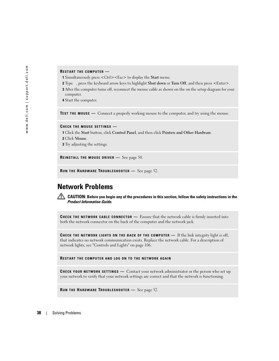 Network problems | Dell Dimension 9100 User Manual | Page 38 / 140