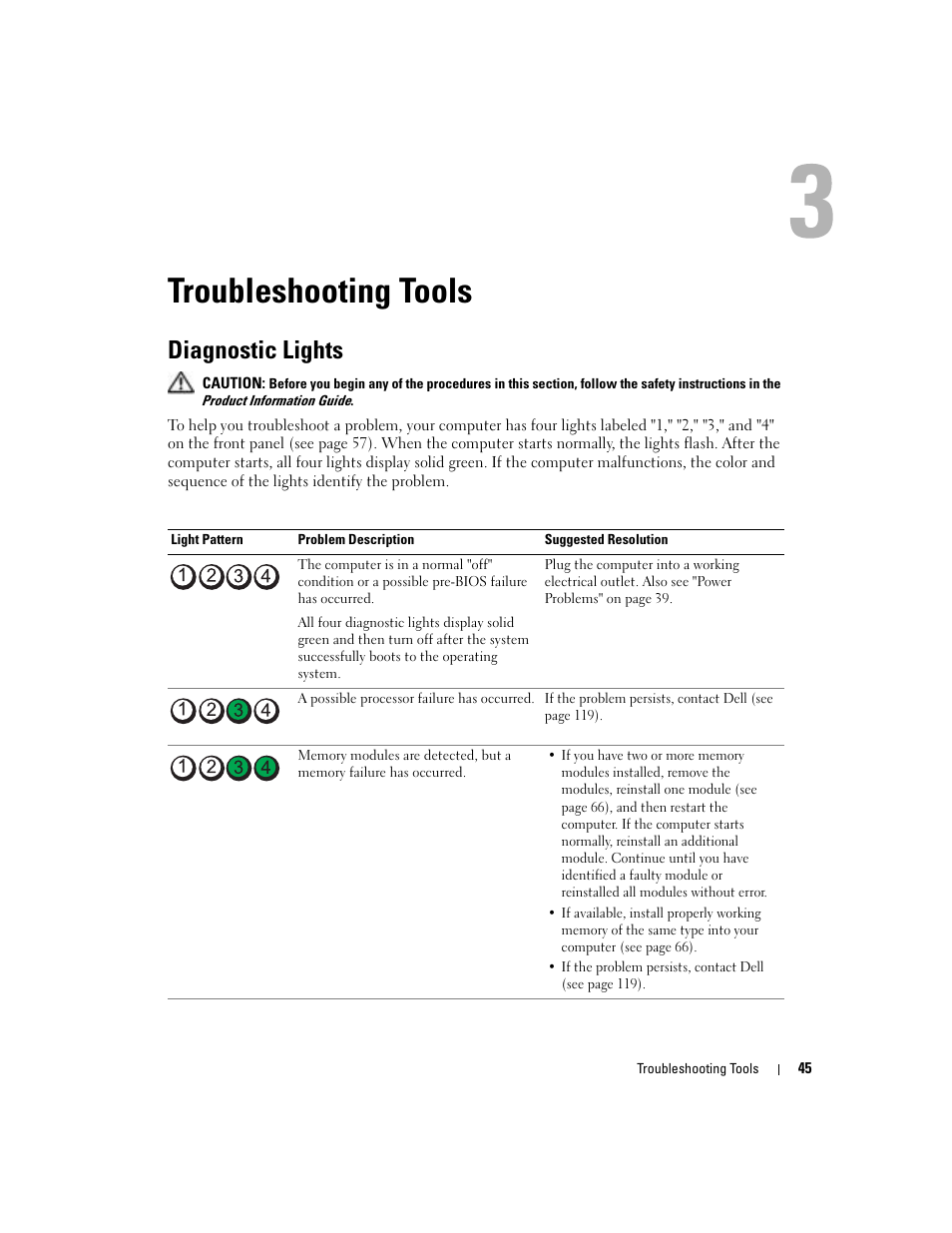 Troubleshooting tools, Diagnostic lights | Dell Dimension 9100 User Manual | Page 45 / 140