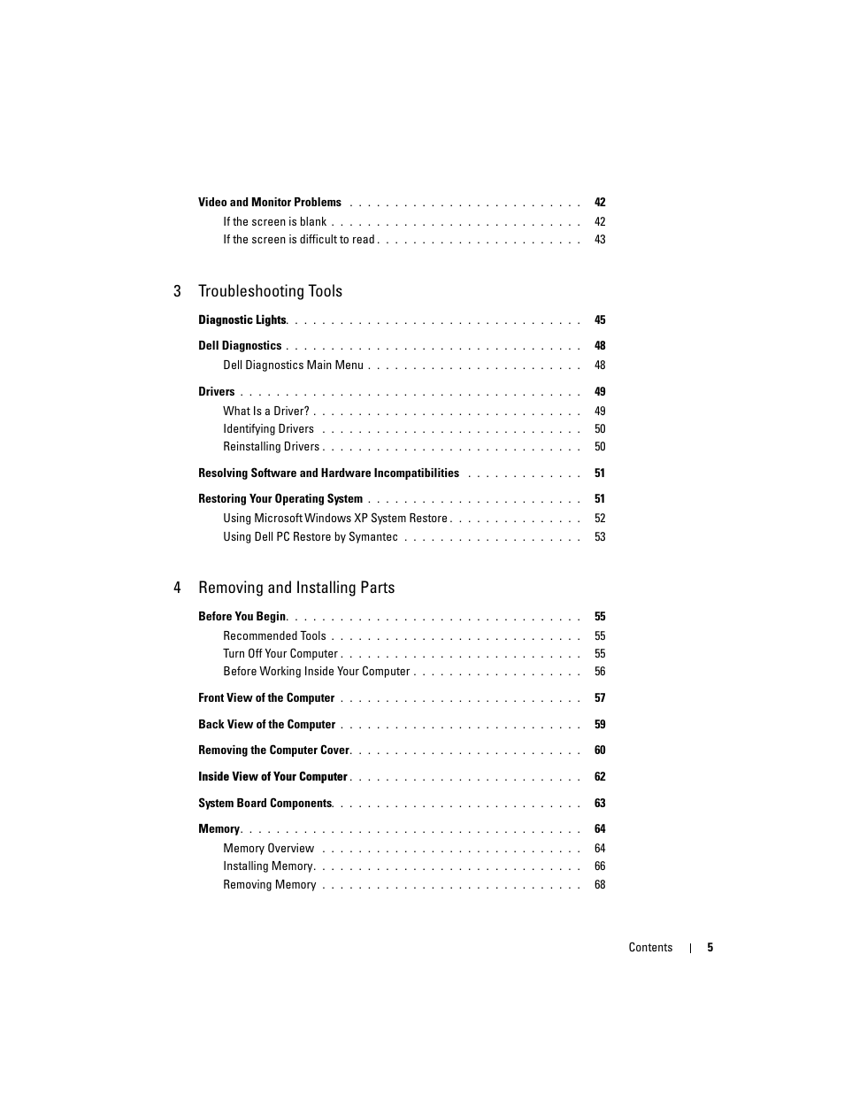 3troubleshooting tools, 4removing and installing parts | Dell Dimension 9100 User Manual | Page 5 / 140