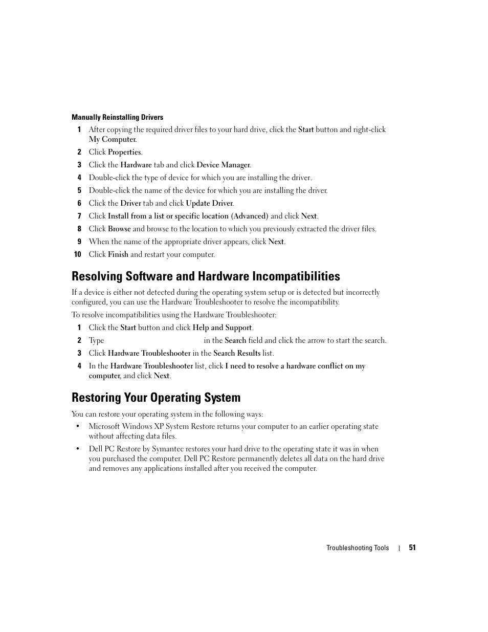 Resolving software and hardware incompatibilities, Restoring your operating system | Dell Dimension 9100 User Manual | Page 51 / 140