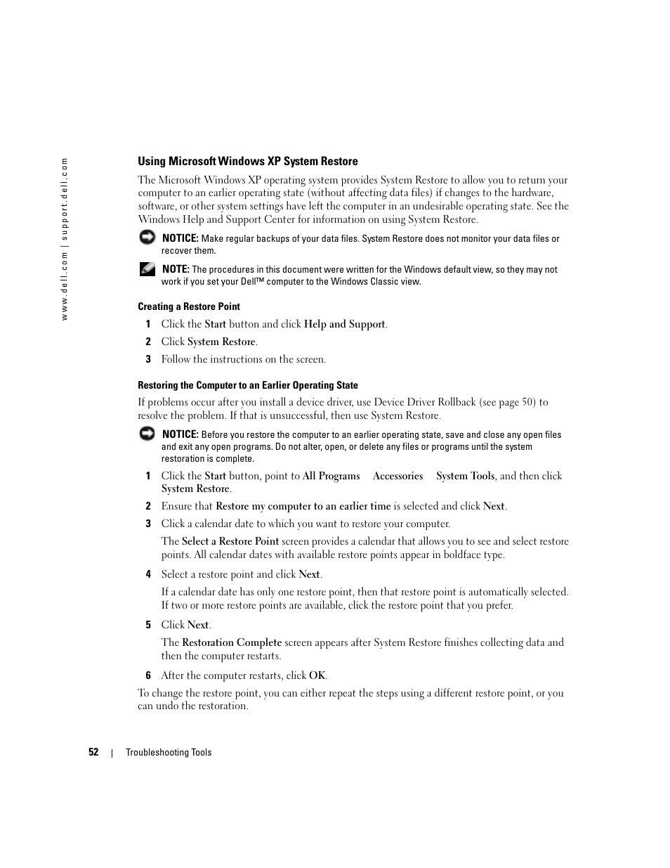 Using microsoft windows xp system restore, Using microsoft | Dell Dimension 9100 User Manual | Page 52 / 140