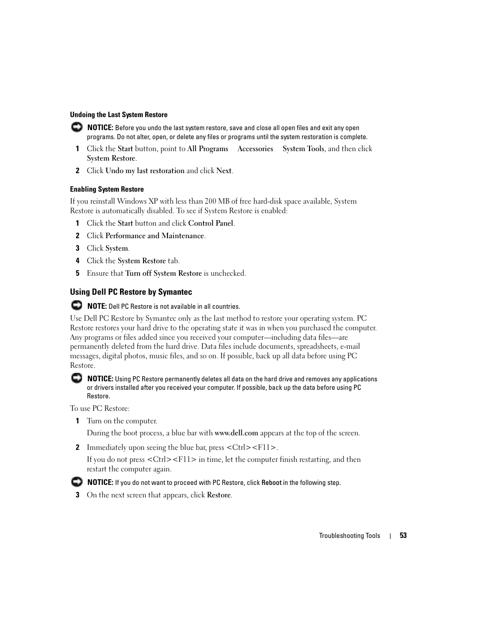 Using dell pc restore by symantec | Dell Dimension 9100 User Manual | Page 53 / 140