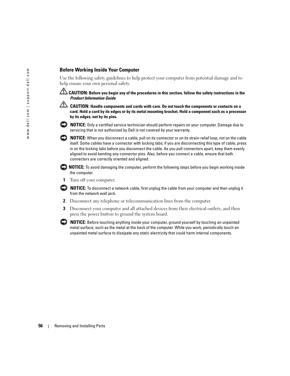 Before working inside your computer | Dell Dimension 9100 User Manual | Page 56 / 140