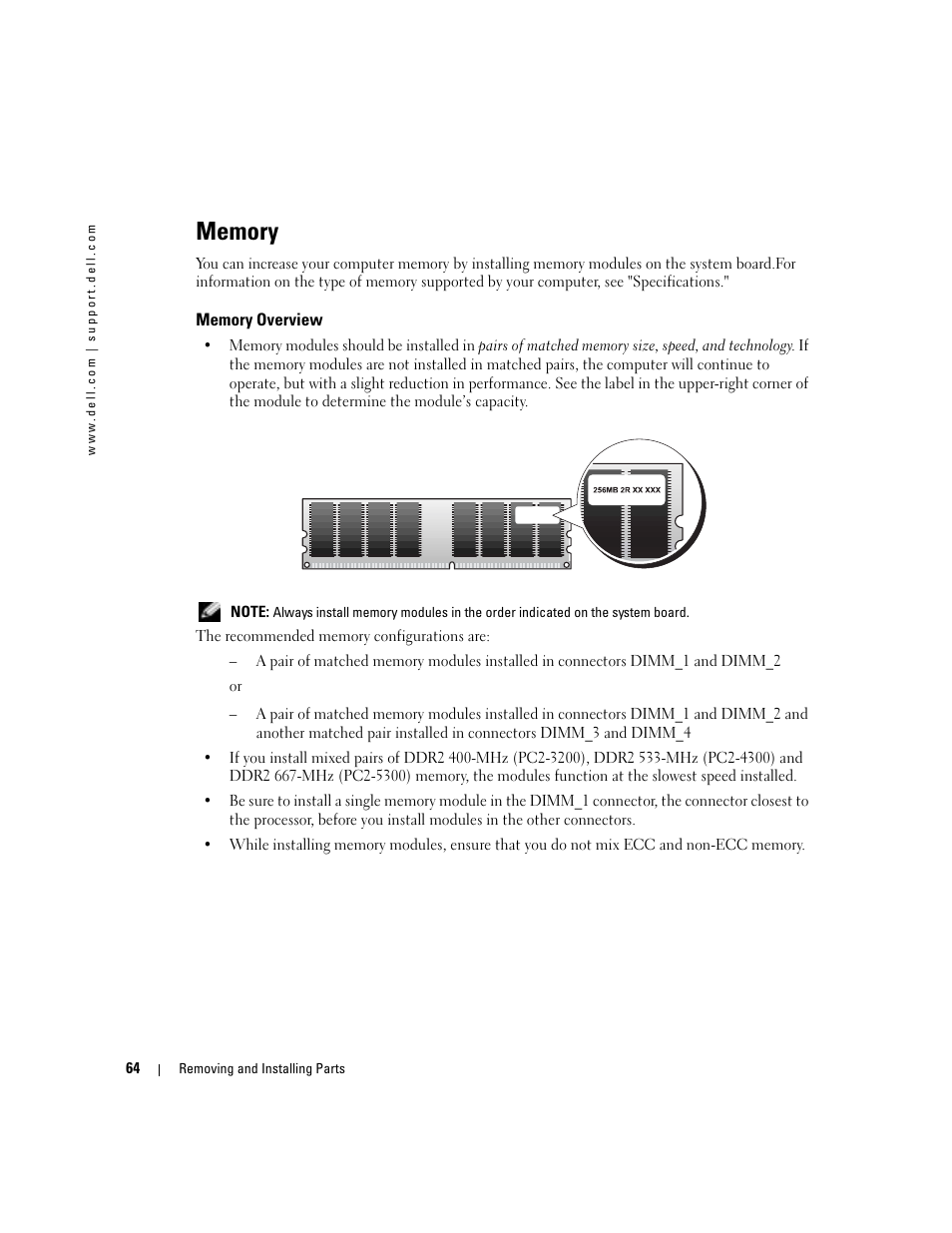 Memory, Memory overview | Dell Dimension 9100 User Manual | Page 64 / 140