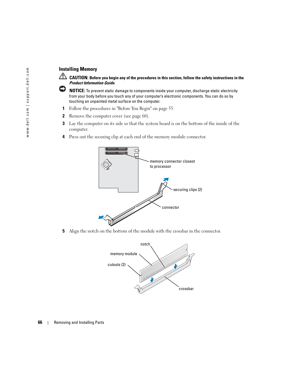 Installing memory | Dell Dimension 9100 User Manual | Page 66 / 140