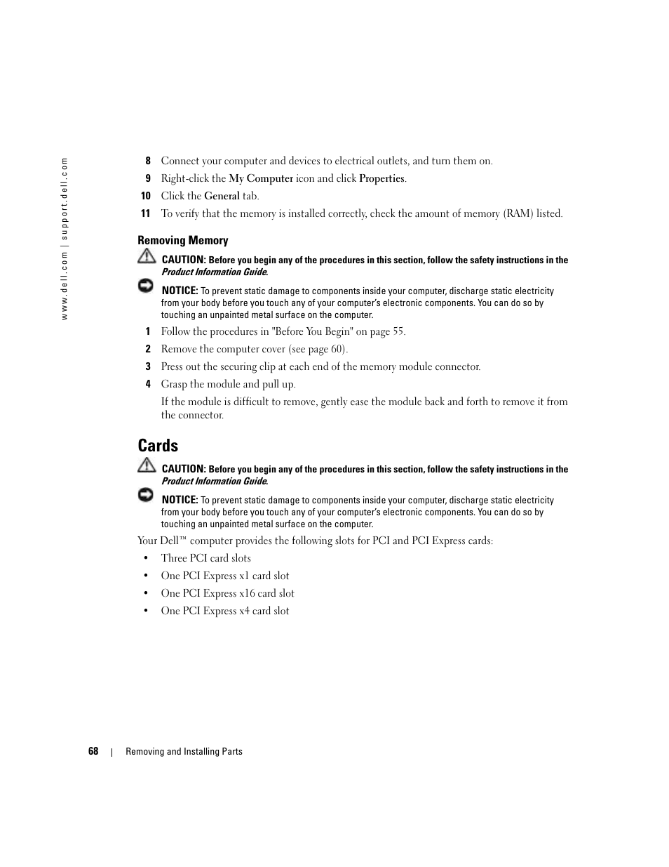 Removing memory, Cards | Dell Dimension 9100 User Manual | Page 68 / 140