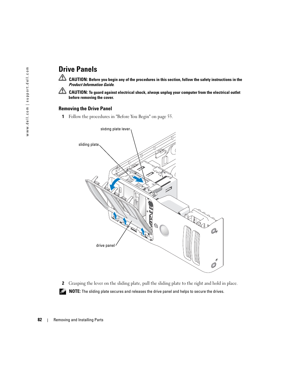 Drive panels, Removing the drive panel | Dell Dimension 9100 User Manual | Page 82 / 140