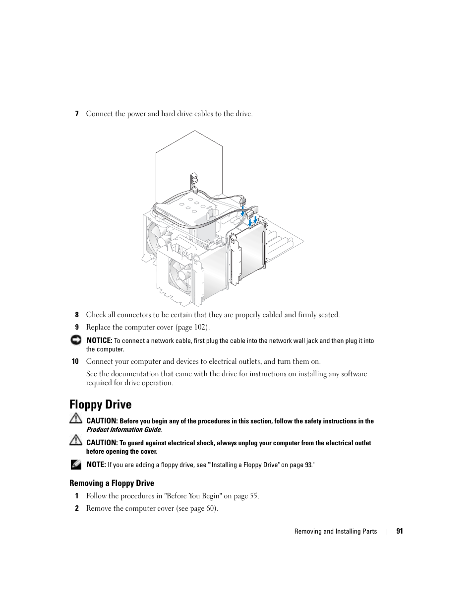 Floppy drive, Removing a floppy drive | Dell Dimension 9100 User Manual | Page 91 / 140