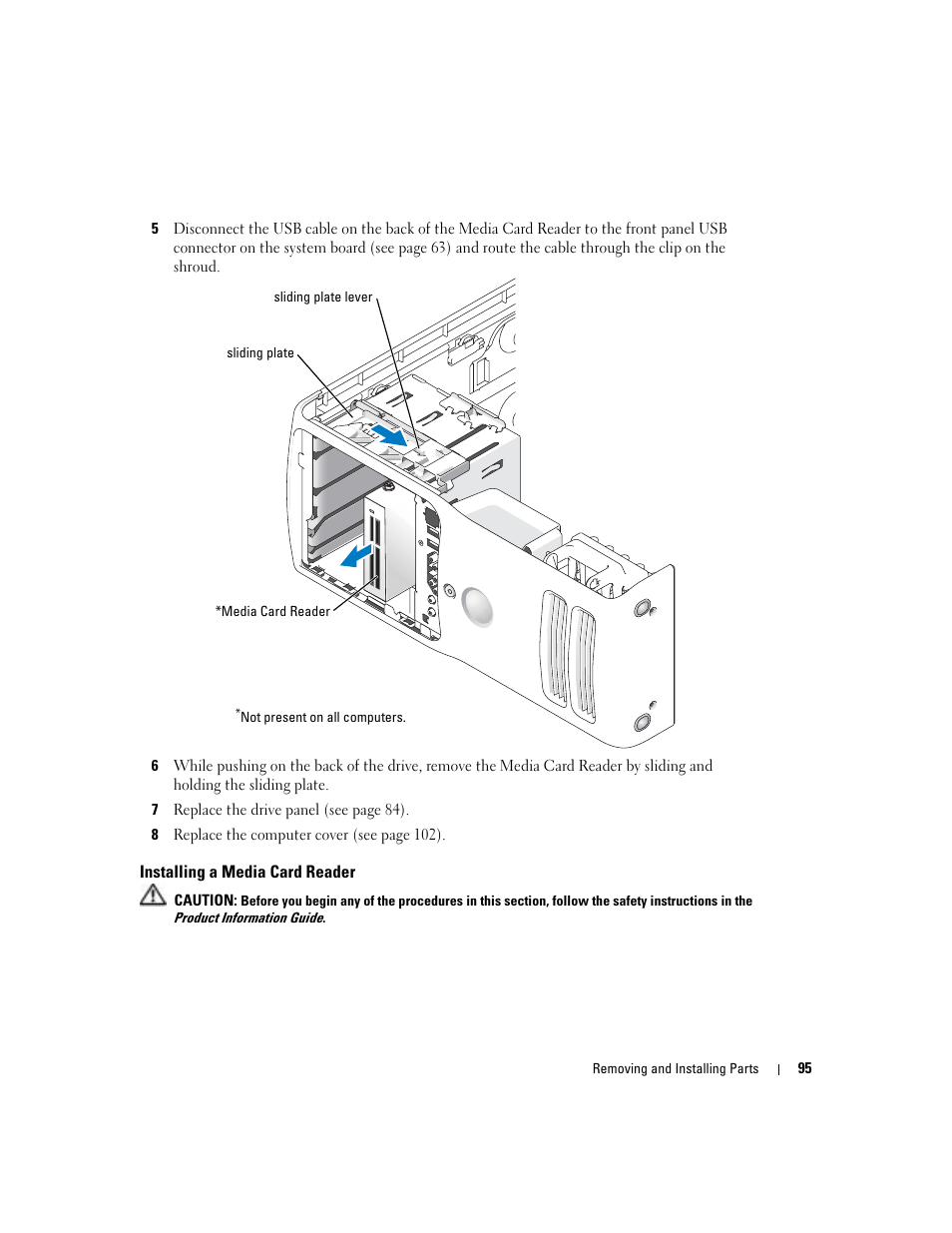 Installing a media card reader | Dell Dimension 9100 User Manual | Page 95 / 140