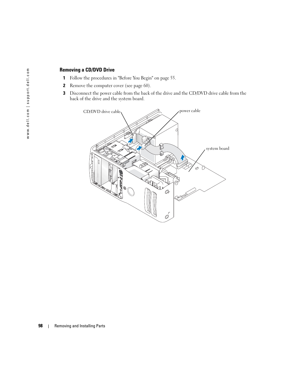 Removing a cd/dvd drive | Dell Dimension 9100 User Manual | Page 98 / 140