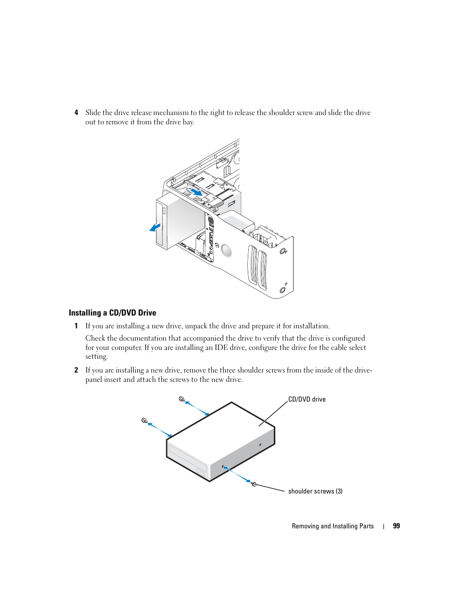 Installing a cd/dvd drive | Dell Dimension 9100 User Manual | Page 99 / 140