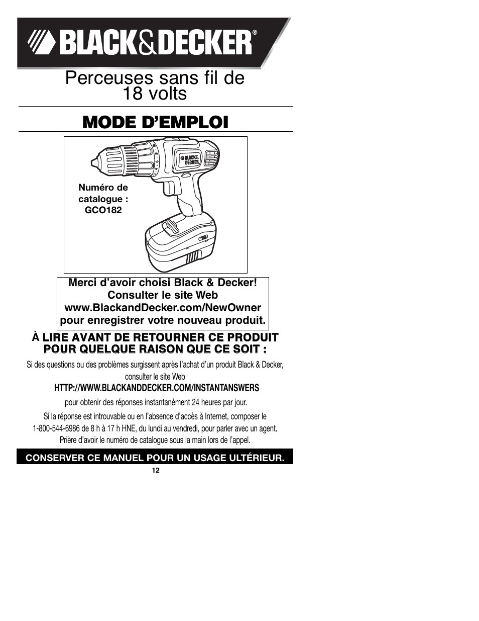 Perceuses sans fil de 18 volts, Mode d’emploi | Black & Decker GCO182 User Manual | Page 12 / 36