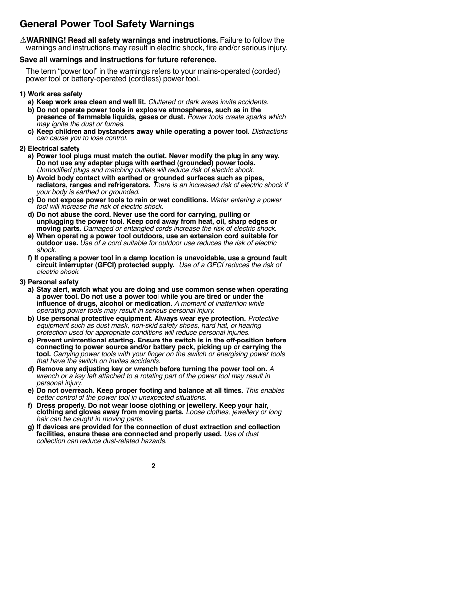 General power tool safety warnings | Black & Decker GCO182 User Manual | Page 2 / 36