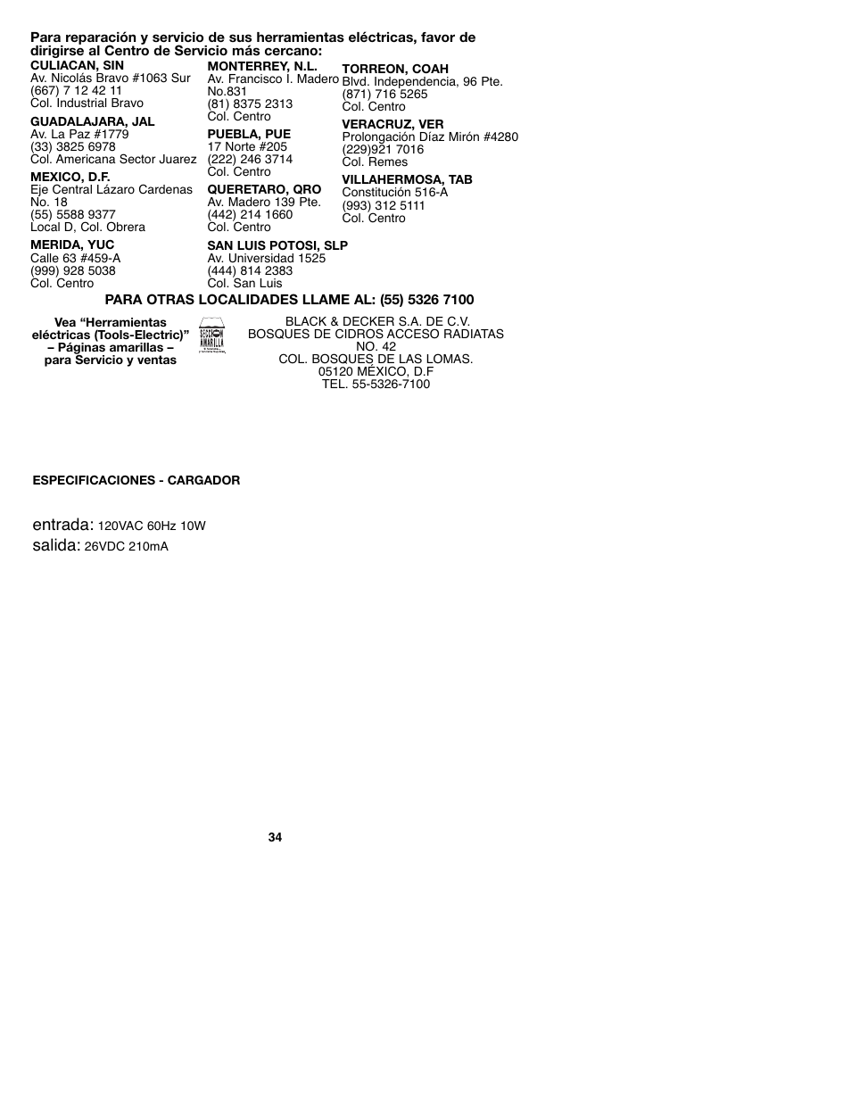 Entrada, Salida | Black & Decker GCO182 User Manual | Page 34 / 36