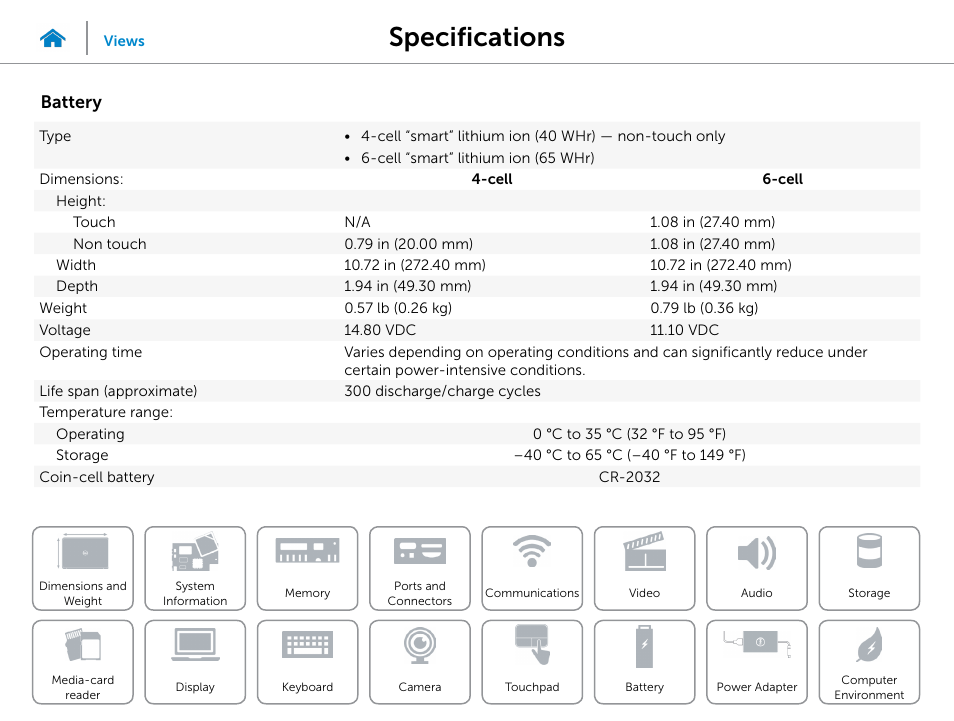 Specifications, Battery | Dell Inspiron 15 (3537, Mid 2013) User Manual | Page 20 / 22