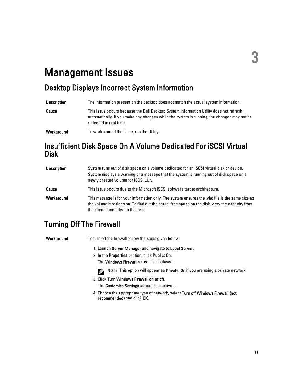 Management issues, Desktop displays incorrect system information, Turning off the firewall | 3 management issues | Dell PowerVault NX3300 User Manual | Page 11 / 16