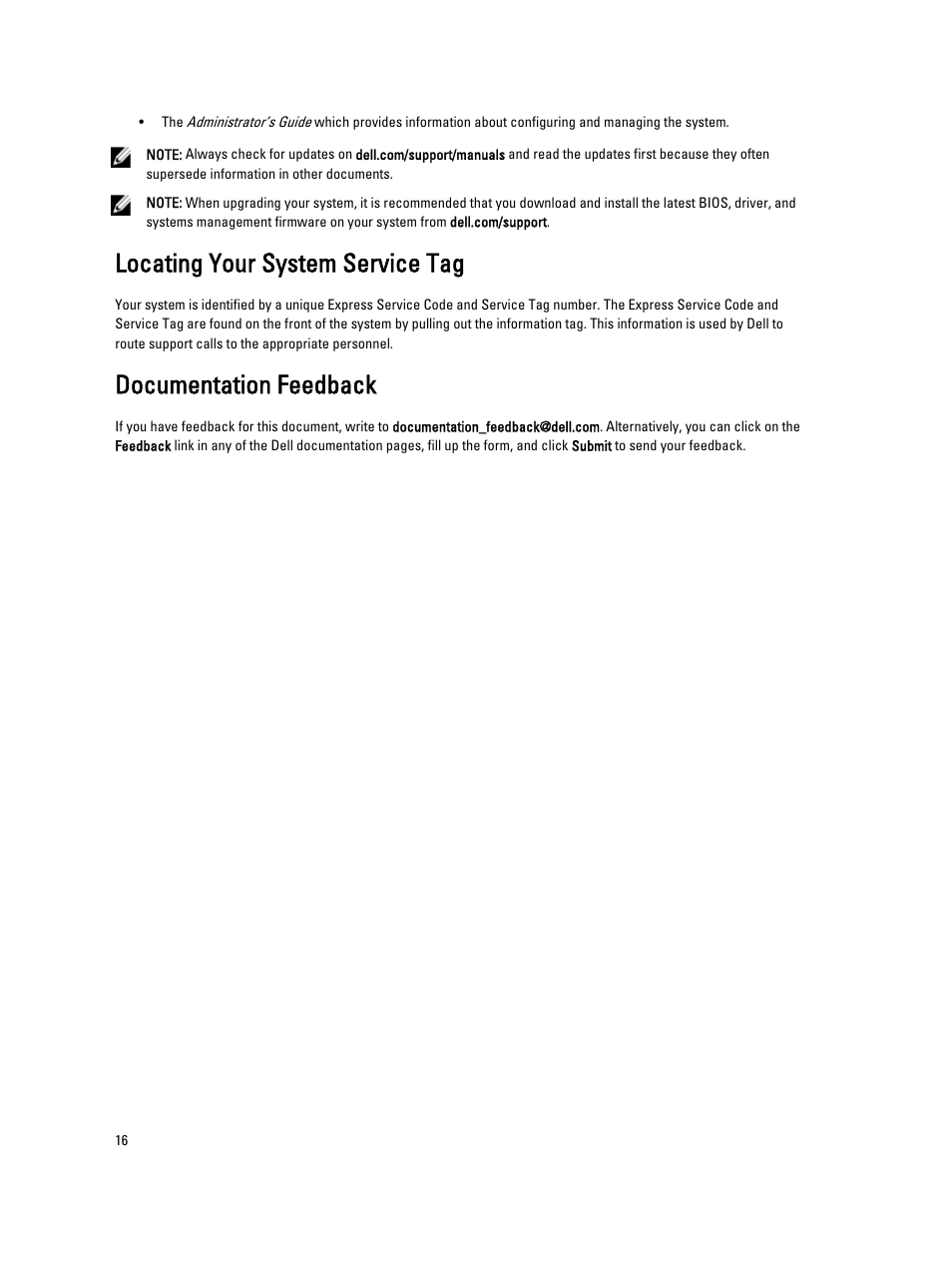 Locating your system service tag, Documentation feedback | Dell PowerVault NX3300 User Manual | Page 16 / 16