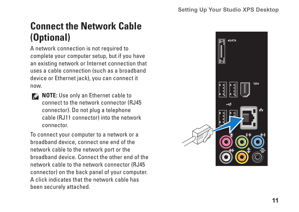 Connect the network cable (optional) | Dell Studio XPS 435T / 9000 (Early 2009) User Manual | Page 13 / 70