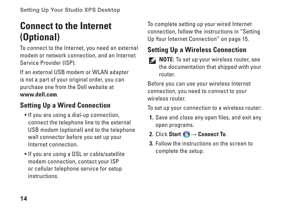 Connect to the internet (optional) | Dell Studio XPS 435T / 9000 (Early 2009) User Manual | Page 16 / 70
