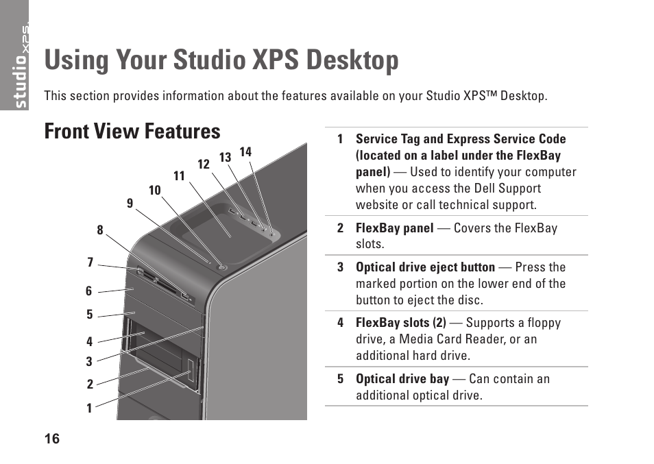 Using your studio xps desktop, Front view features | Dell Studio XPS 435T / 9000 (Early 2009) User Manual | Page 18 / 70