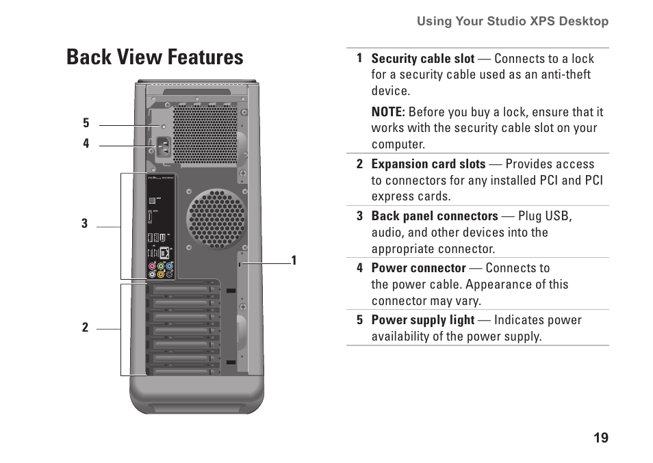 Back view features | Dell Studio XPS 435T / 9000 (Early 2009) User Manual | Page 21 / 70