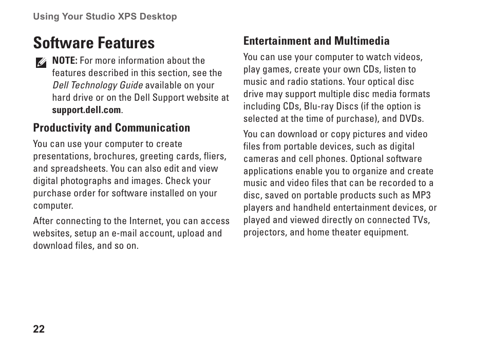 Software features | Dell Studio XPS 435T / 9000 (Early 2009) User Manual | Page 24 / 70