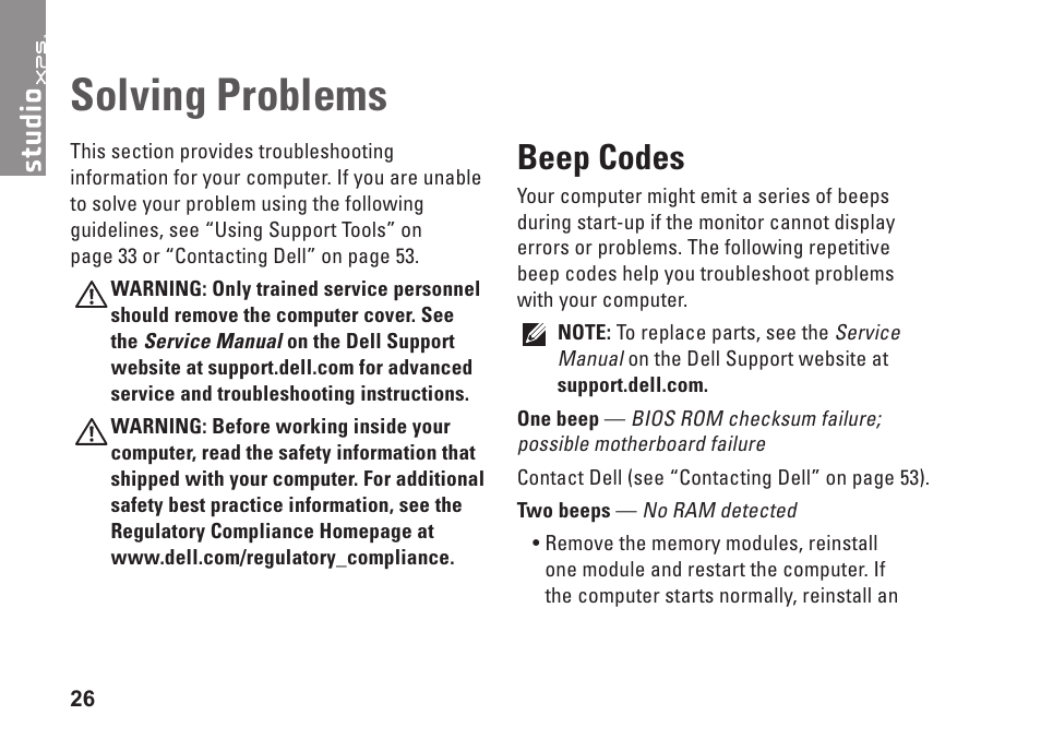 Solving problems, Beep codes | Dell Studio XPS 435T / 9000 (Early 2009) User Manual | Page 28 / 70