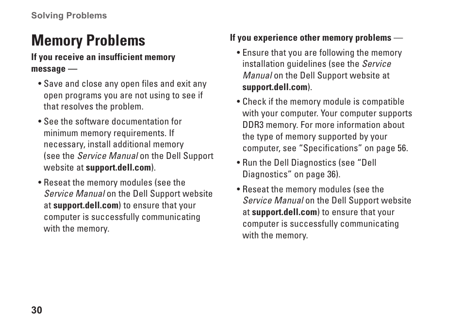 Memory problems | Dell Studio XPS 435T / 9000 (Early 2009) User Manual | Page 32 / 70