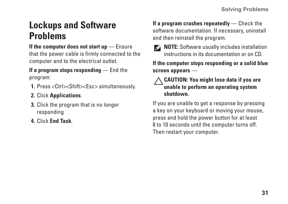 Lockups and software problems | Dell Studio XPS 435T / 9000 (Early 2009) User Manual | Page 33 / 70