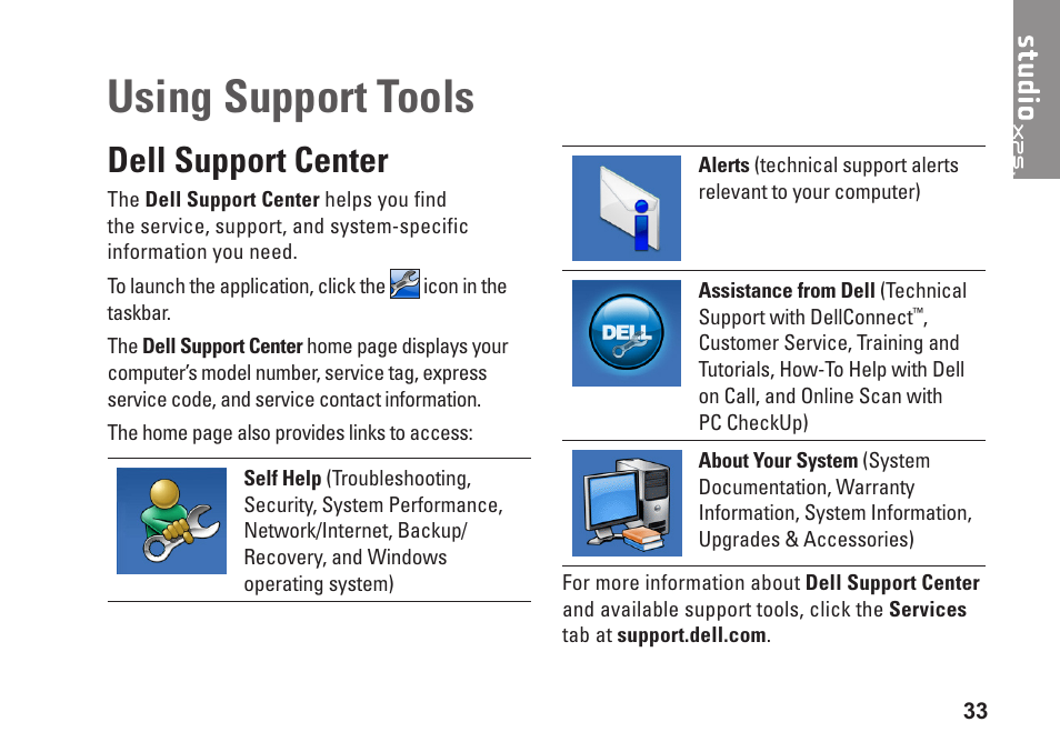 Using support tools, Dell support center | Dell Studio XPS 435T / 9000 (Early 2009) User Manual | Page 35 / 70