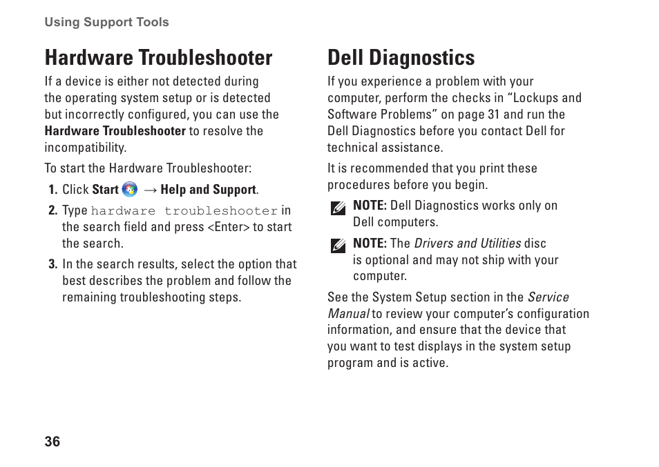 Hardware troubleshooter, Dell diagnostics, Hardware troubleshooter dell diagnostics | Dell Studio XPS 435T / 9000 (Early 2009) User Manual | Page 38 / 70