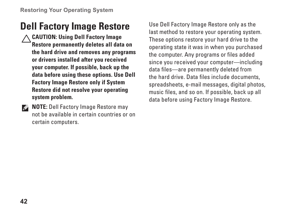 Dell factory image restore | Dell Studio XPS 435T / 9000 (Early 2009) User Manual | Page 44 / 70