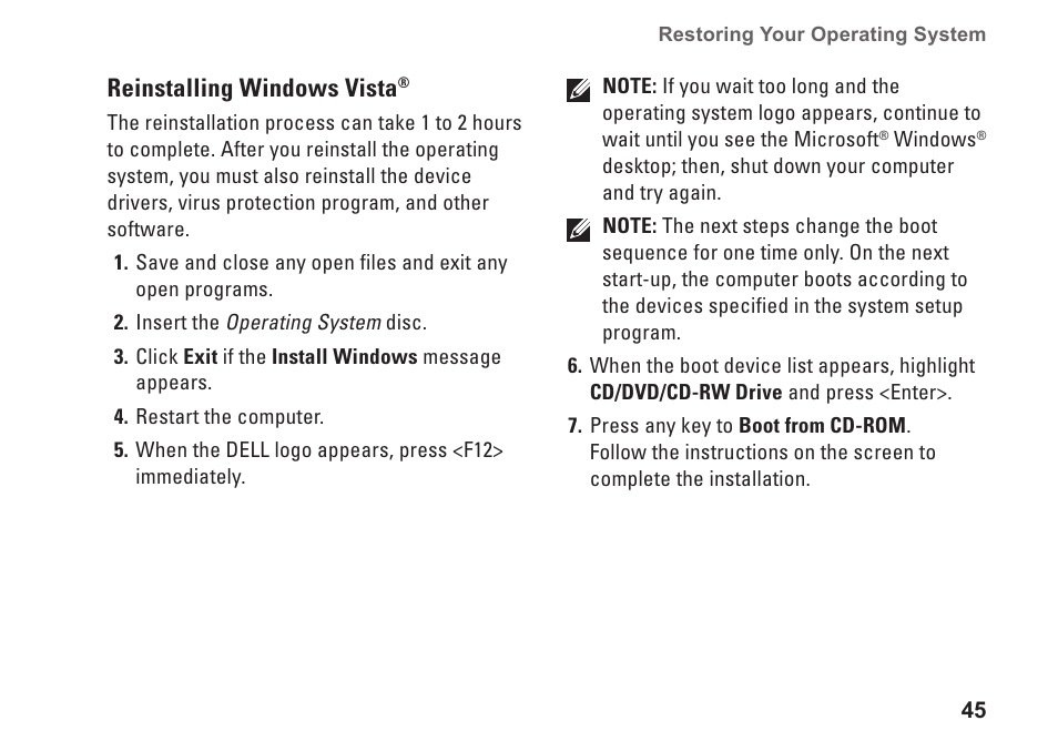 Reinstalling windows vista | Dell Studio XPS 435T / 9000 (Early 2009) User Manual | Page 47 / 70