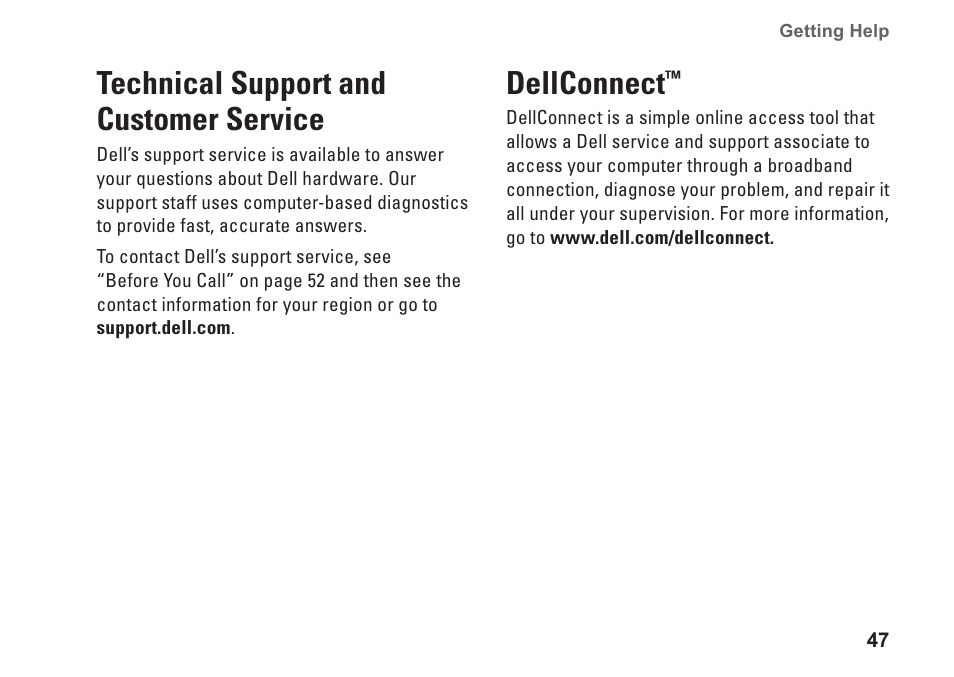 Technical support and customer service, Dellconnect, Technical support and customer | Service dellconnect | Dell Studio XPS 435T / 9000 (Early 2009) User Manual | Page 49 / 70