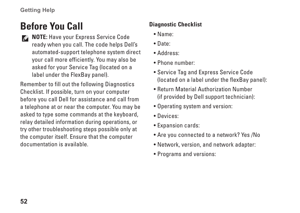 Before you call | Dell Studio XPS 435T / 9000 (Early 2009) User Manual | Page 54 / 70