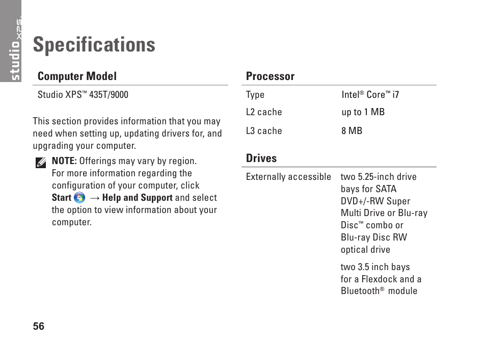 Specifications | Dell Studio XPS 435T / 9000 (Early 2009) User Manual | Page 58 / 70