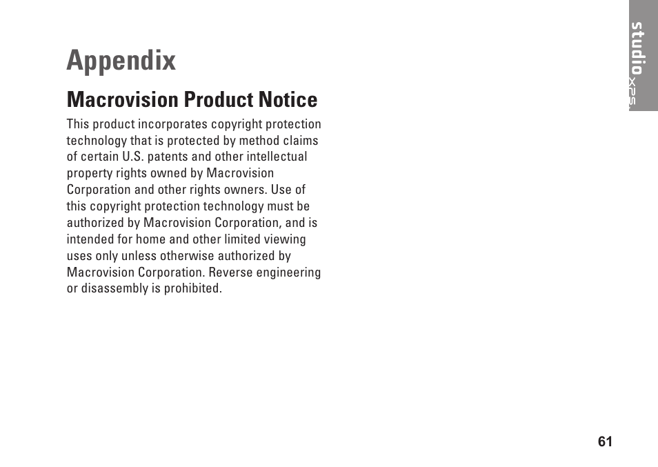 Appendix, Macrovision product notice | Dell Studio XPS 435T / 9000 (Early 2009) User Manual | Page 63 / 70