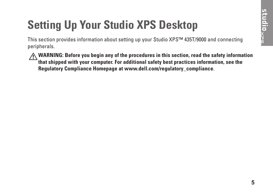 Setting up your studio xps desktop | Dell Studio XPS 435T / 9000 (Early 2009) User Manual | Page 7 / 70