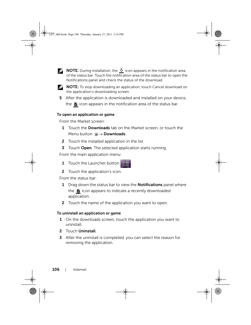 To open an application or game, To uninstall an application or game | Dell Mobile Streak 7 User Manual | Page 106 / 145