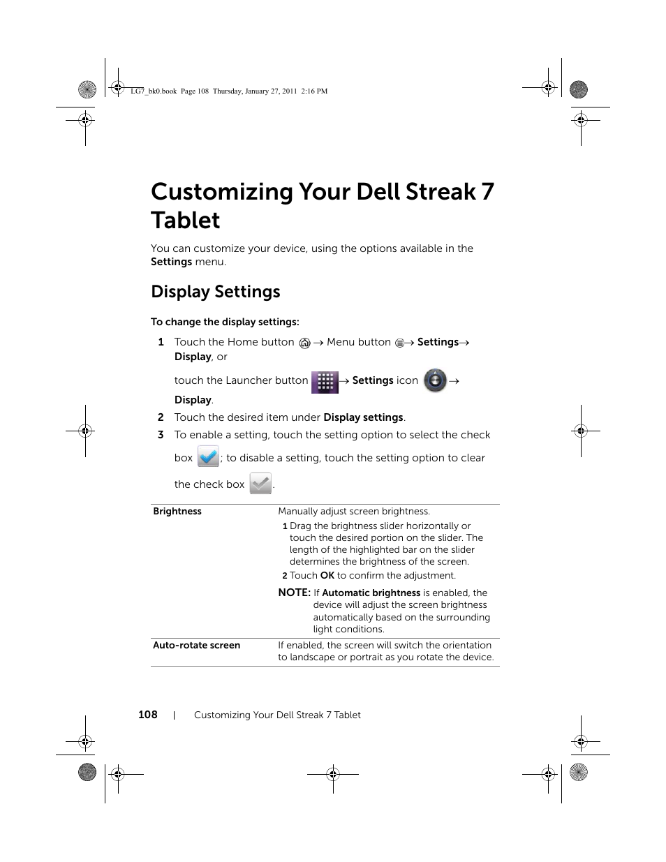 Customizing your dell streak 7 tablet, Display settings, To change the display settings | Customizing your dell streak 7, Tablet | Dell Mobile Streak 7 User Manual | Page 108 / 145