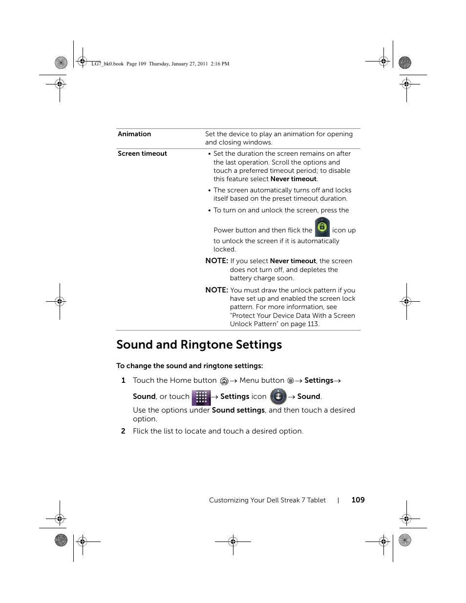 Sound and ringtone settings, To change the sound and ringtone settings | Dell Mobile Streak 7 User Manual | Page 109 / 145