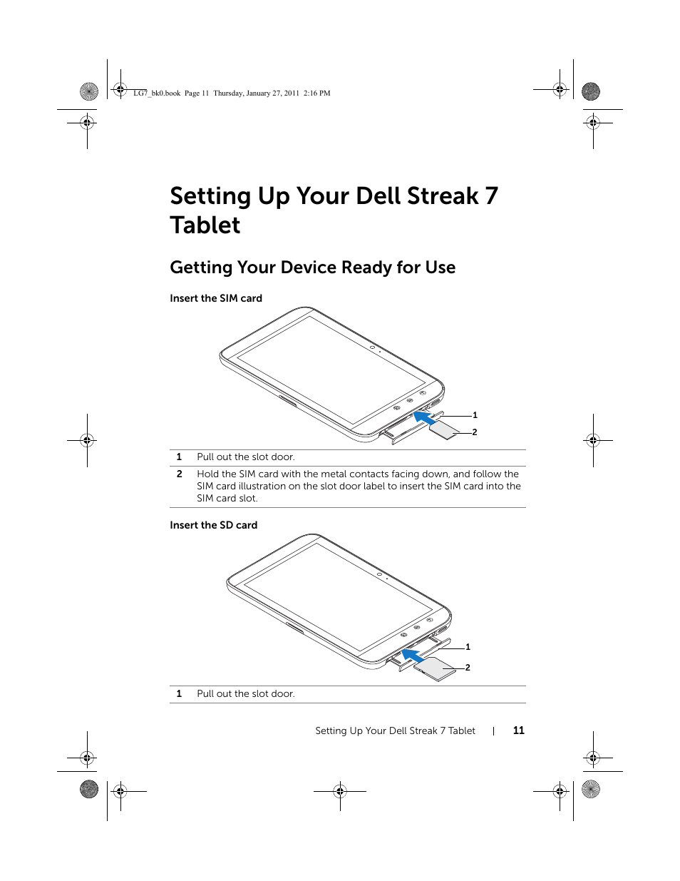 Setting up your dell streak 7 tablet, Getting your device ready for use, Insert the sim card | Insert the sd card | Dell Mobile Streak 7 User Manual | Page 11 / 145