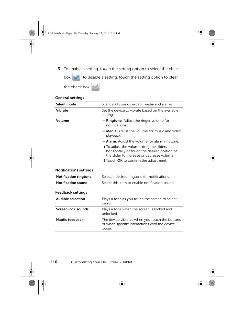 General settings, Notifications settings, Feedback settings | Dell Mobile Streak 7 User Manual | Page 110 / 145