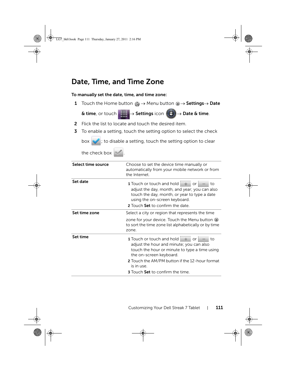 Date, time, and time zone, To manually set the date, time, and time zone | Dell Mobile Streak 7 User Manual | Page 111 / 145