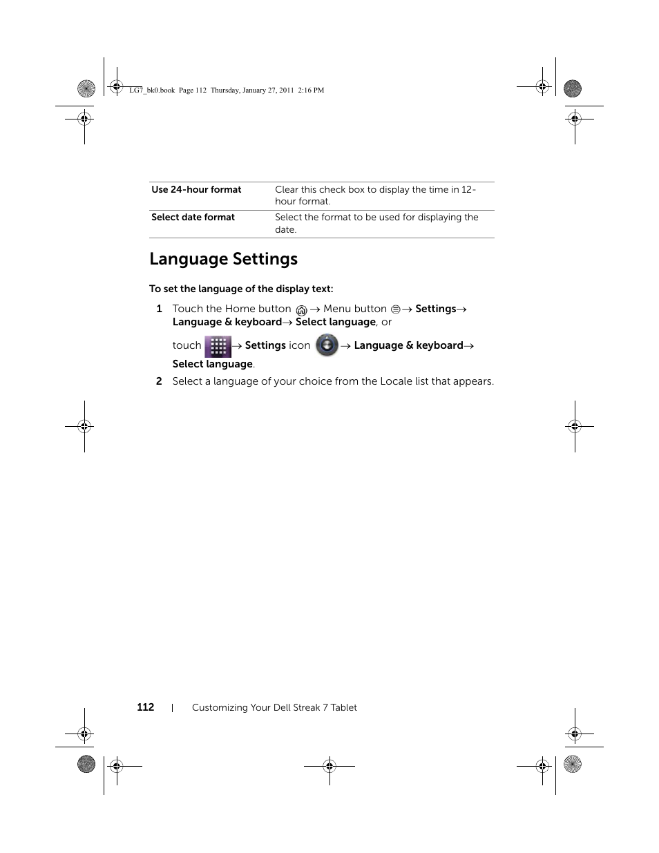 Language settings, To set the language of the display text | Dell Mobile Streak 7 User Manual | Page 112 / 145