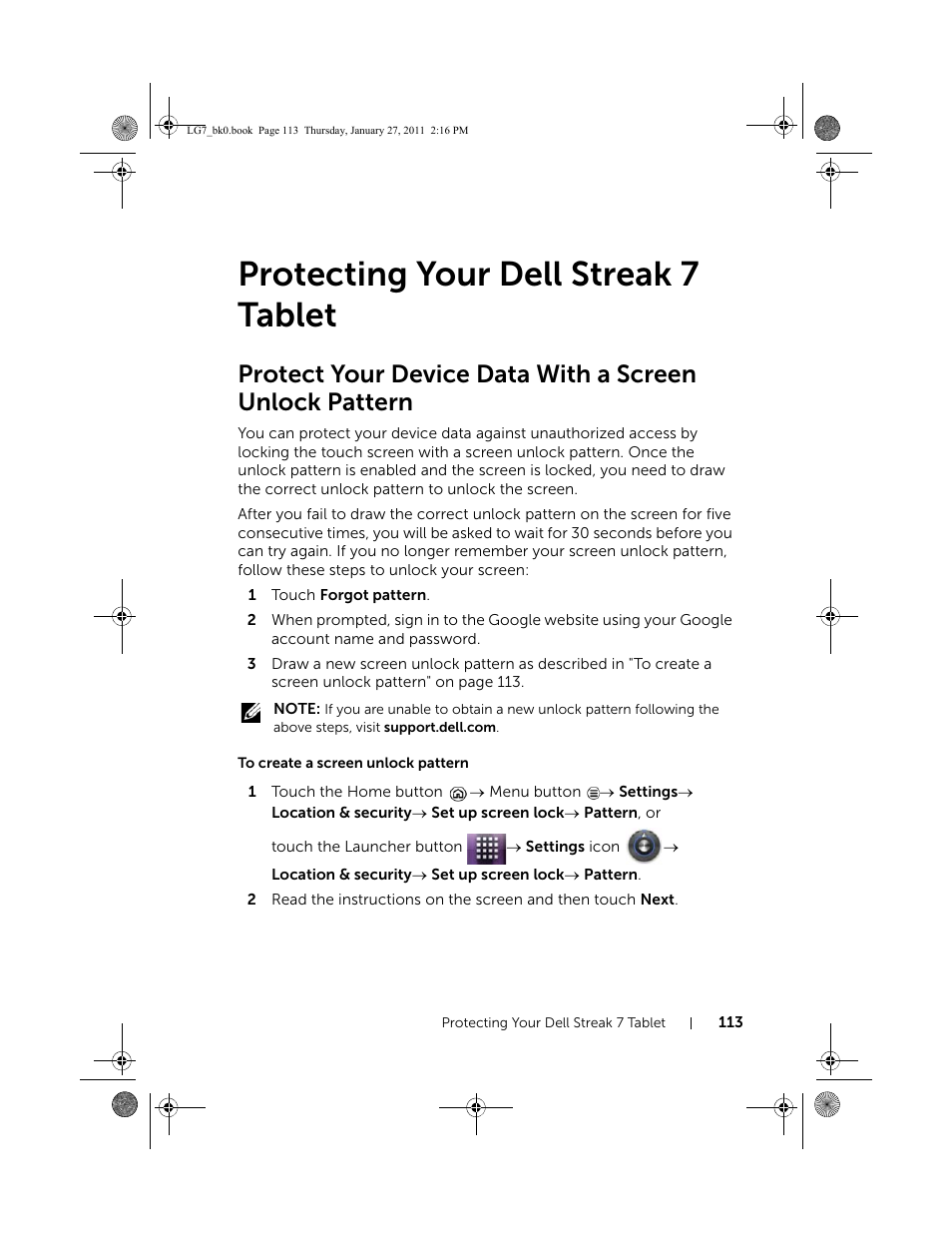 Protecting your dell streak 7 tablet, To create a screen unlock pattern | Dell Mobile Streak 7 User Manual | Page 113 / 145