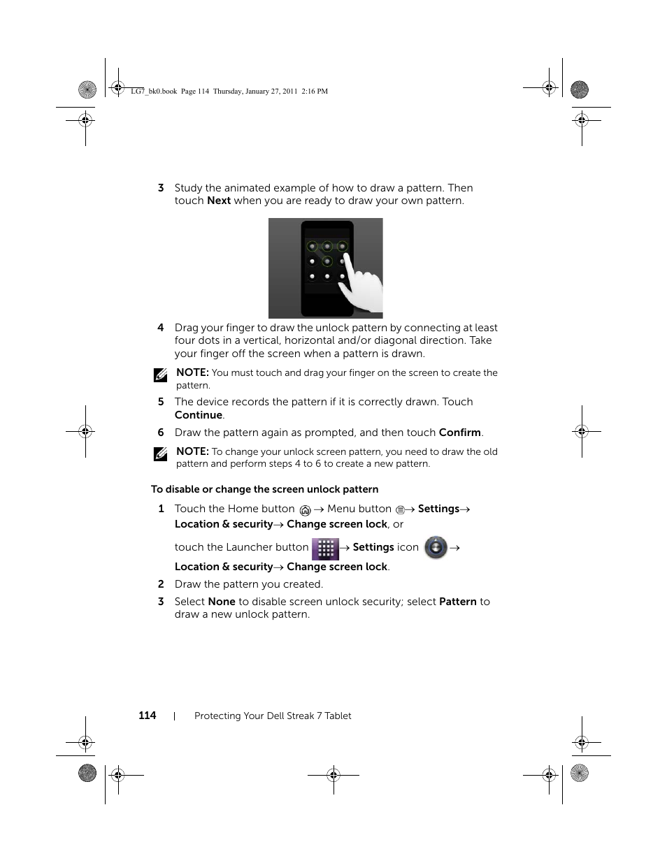 To disable or change the screen unlock pattern | Dell Mobile Streak 7 User Manual | Page 114 / 145