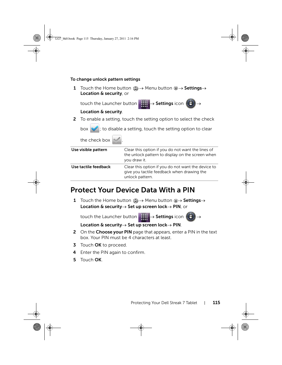 To change unlock pattern settings, Protect your device data with a pin | Dell Mobile Streak 7 User Manual | Page 115 / 145